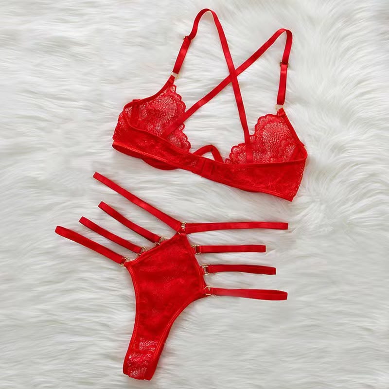 Red Lace Bra & Thong Set – Adjustable Strappy Lingerie - Lace&Loom