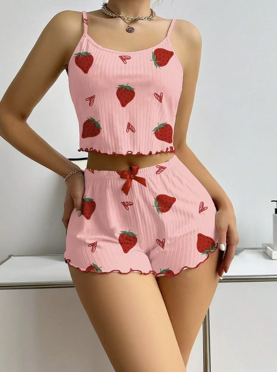 Ribbed Cami & Shorts Pajama Set – Heart & Strawberry Print, Lettuce Hem - Lace&Loom
