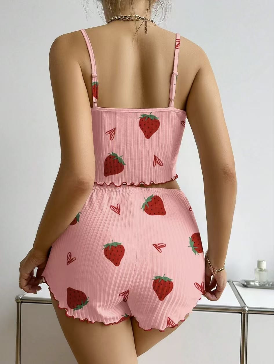 Ribbed Cami & Shorts Pajama Set – Heart & Strawberry Print, Lettuce Hem - Lace&Loom