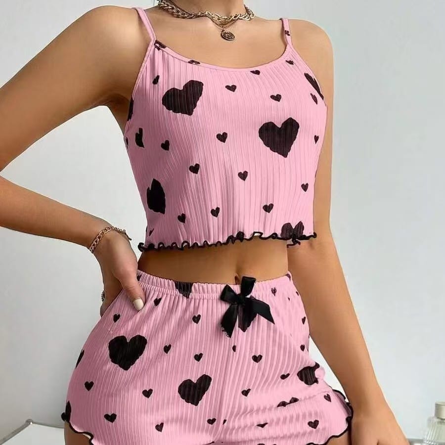 Ribbed Cami & Shorts Pajama Set – Heart & Strawberry Print, Lettuce Hem - Lace&Loom