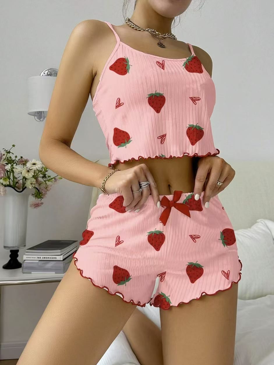Ribbed Cami & Shorts Pajama Set – Heart & Strawberry Print, Lettuce Hem - Lace&Loom