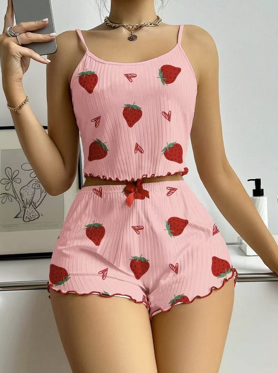 Ribbed Cami & Shorts Pajama Set – Heart & Strawberry Print, Lettuce Hem - Lace&Loom