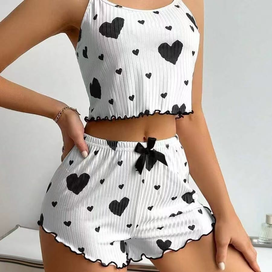 Ribbed Cami & Shorts Pajama Set – Heart & Strawberry Print, Lettuce Hem - Lace&Loom