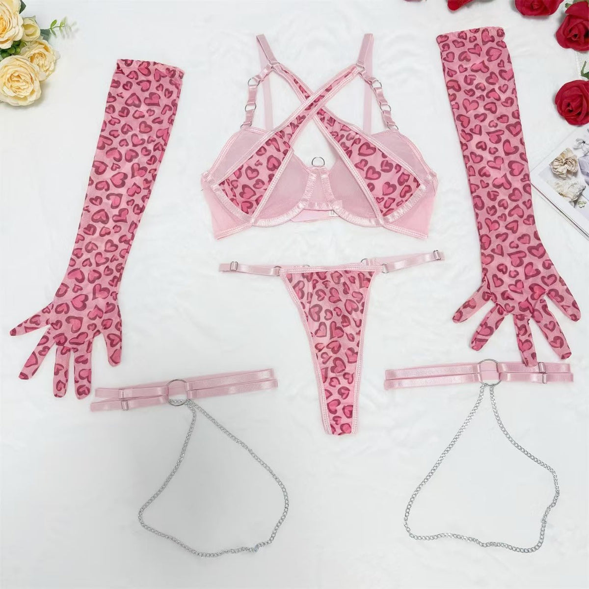 Sweetheart Fantasy™ 5-Piece Heart Print Lingerie Set – Adjustable Lace Mesh Bra & Panty - Lace&Loom